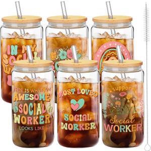 Honeydak 6 Set Social Worker Gifts Bulk Thank You Glasses Appreciation Cups with Straw Social Work Gifts for Women Men 16oz Mug Thank You Tumbler for Employee Coworkers Teachers Team Nurse