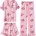 Umeyda Girls 3 Pieces Pajamas Sets Silk Satin Ruffle Sleepwear Short Sleeve Button-Down 3Pjs Nightwear, Size 140 (Pink)