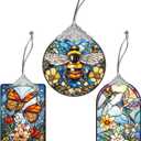 Set of 3 Christmas Tree Ornaments, Stained Glass Style Hanging Decorations and Acrylic Window Suncatchers, Hummingbird, Butterfly and Bee Designs, for Women Mom