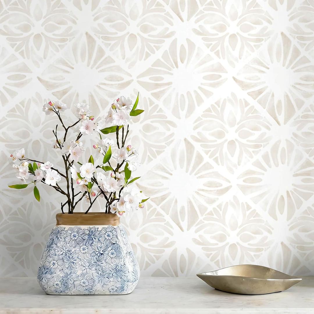 Boho Wallpaper Neutral Peel and Stick Wallpaper 197"x17.3" Geometric Wall Paper Beige and White Contact Paper Textured Removable Vinyl Waterproof for Bedroom Farmhouse Kitchen Bathroom