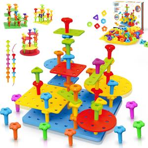 Peg Board Toy set 73Pcs DIY Building Stacking Toys for Kids 3-6 Years Old,STEM Educational Kids Toy for Brain Development,Montessori Sensory Toys,Upgrade Various Foam Board Plastic Lacing String Game
