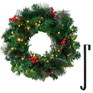 Joiedomi 20 Artificial Christmas Wreath Prelit with 15 Hanger, Decorated with 50 LED Lights, Red Berries, Pine Cones Glitter Pine Needles for Front Door Wall Christmas Decorations (Battery Operated) : Home & Kitchen