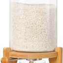 HBlife 5-7 Lbs Glass Rice Dispenser with Wooden Stand Flour and Cereal Container with Glass Measuring Cup Pantry Food Organization Storage Bin with Airtight Bamboo Lid, 3L
