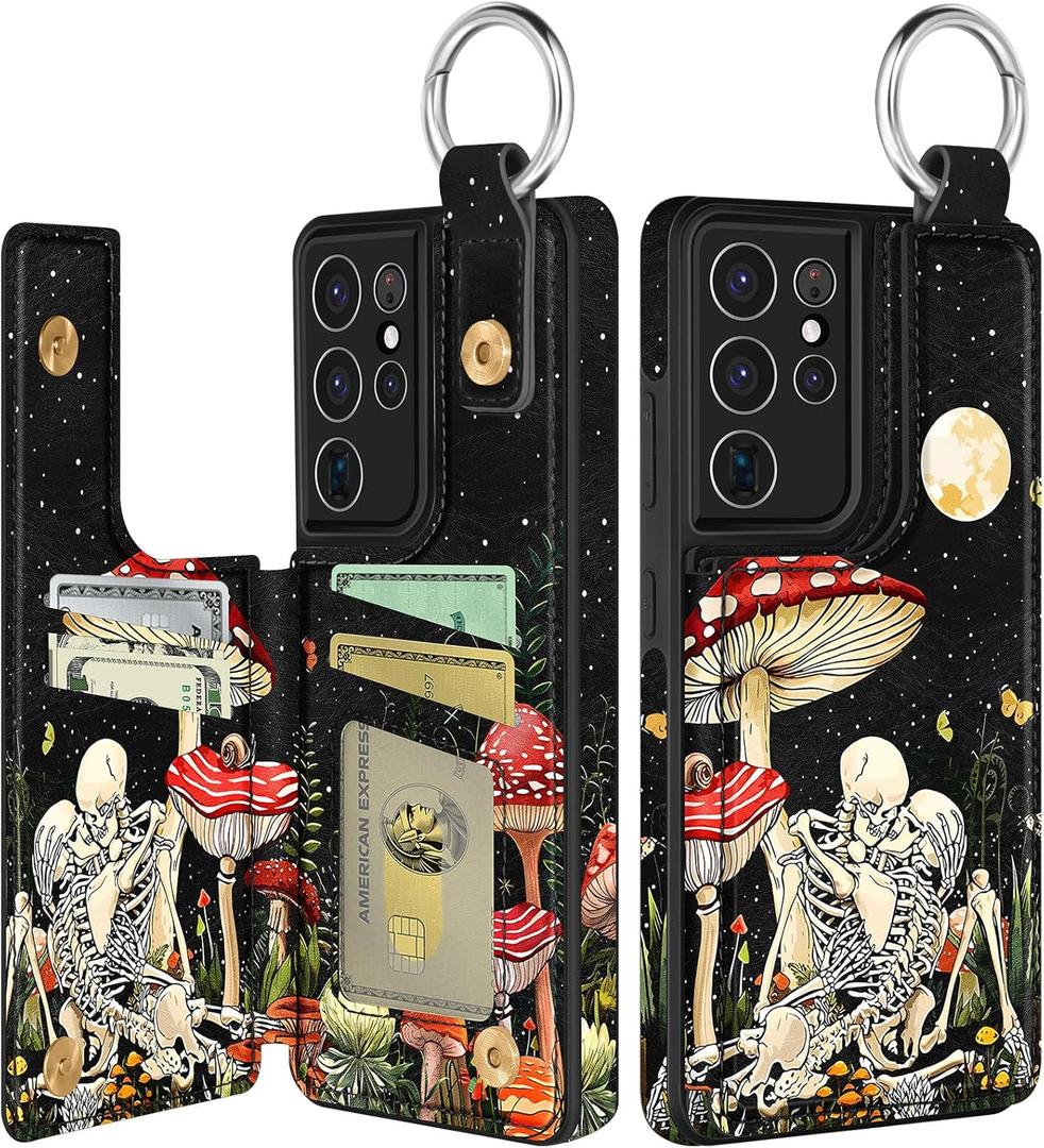 Shorogyt for Samsung S21 Ultra Wallet Case with Card Holder - Designer Mushroom Skull Pattern Kickstand Magnetic Clasp Back Flip Folio Leather Phone Cases for Women Men Girls for Galaxy S21 Ultra