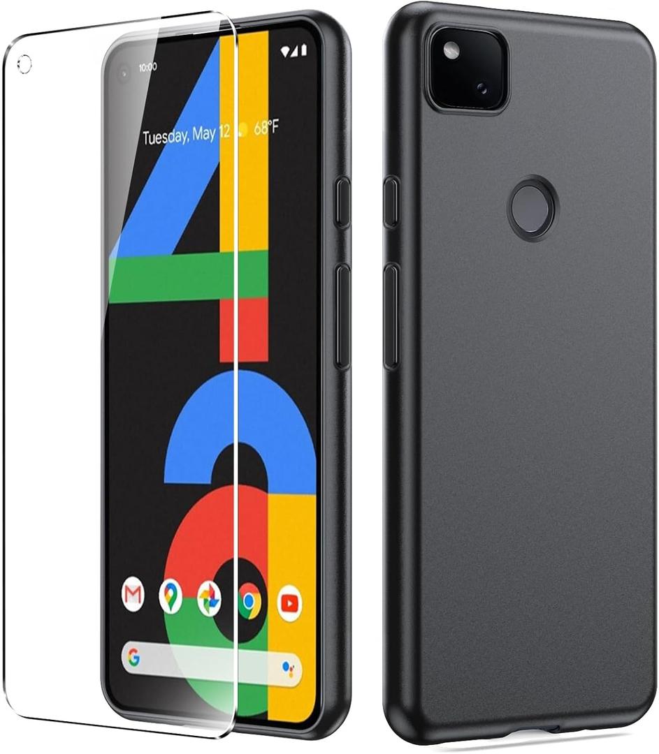 Dioxide Compatible for Google Pixel 4A 4G Phone Case with Screen Protector, Soft TPU Silicone Case Shockproof Non-Slip Camera Protective Case Slim Cover for Google Pixel 4A 4G Phone Case, Black