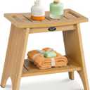 HDPS Shower Benches for Inside Shower, 17" Height Waterproof Bath Stool with 2-Tier Storage Shelf, Heavy Duty Spa Seat for Shaving Legs, Seniors & Adults, Wood-Like Texture (Teak Style) (16.5")