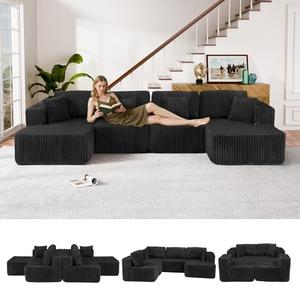 Trygoal 132" U Shaped Couch, Modular Sectional Sofa with Chaise, Corduroy U Shaped Boneless Couch with Deep Seat, Upholstered Modular Cloud Sofa for Living Room, No Assembly Required, Black