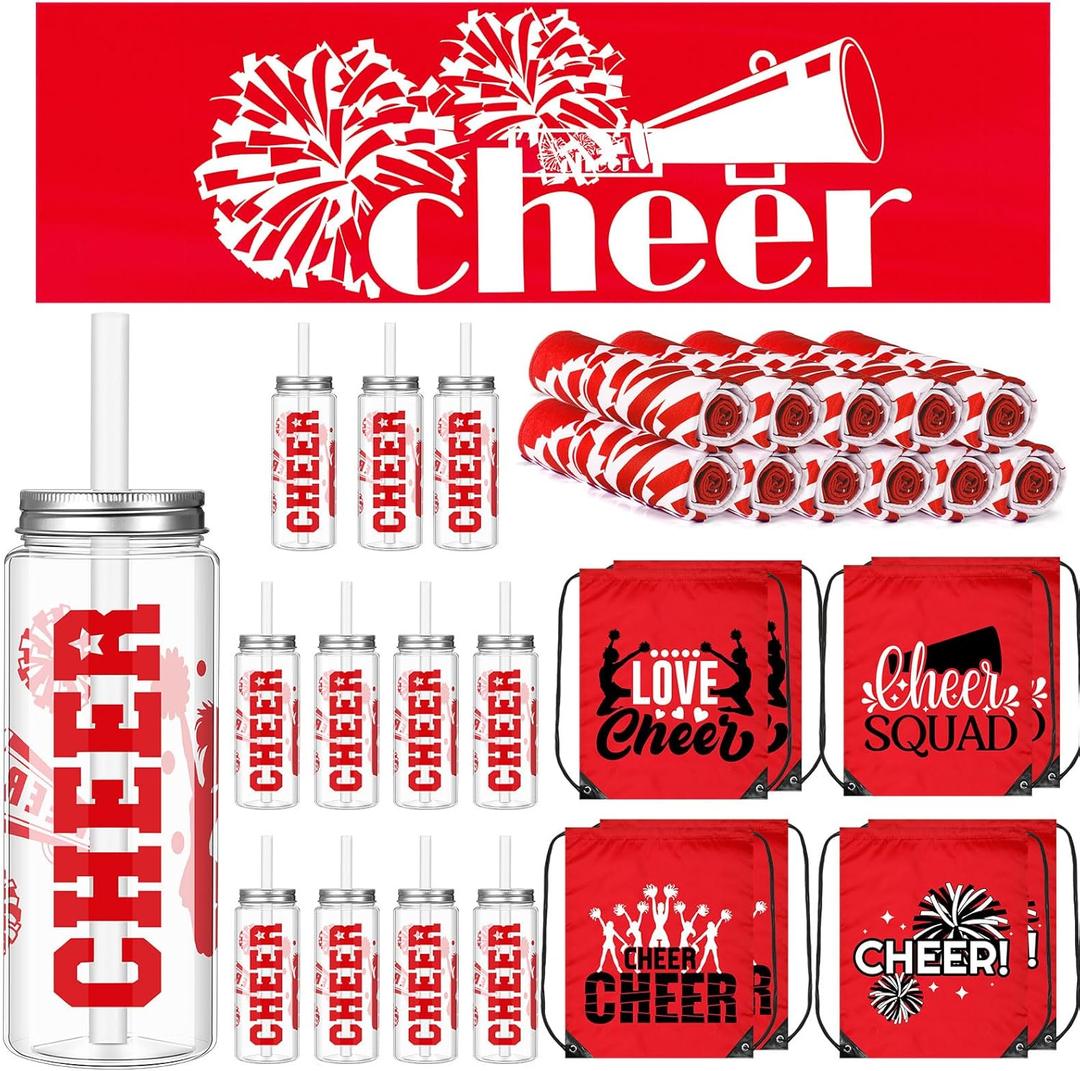 12 Set Gifts Bulk for Cheerleading Including Cheer Drawstring Bags Cheerleader Tumbler Cups with Lid and Straw Cheerleading Cooling Towels Gifts for Team Competition Party Favor(Red)