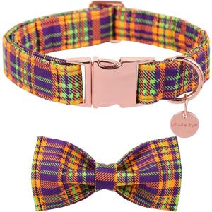 Halloween Dog Collar with Bow Tie, Halloween Bowtie Collar for Small Girl Boy Dog, Fall & Winter Dog Collar with Durable Metal Buckle, Cute Plaid Pet Collar, XS