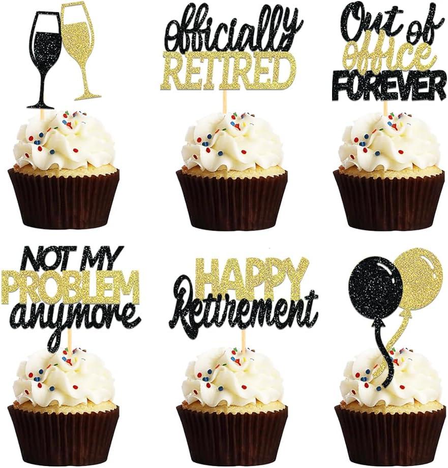24 Pcs Happy Retirement Cupcake Toppers Officially Retired Cupcake Picks, Out Of Office Forever Retirement Theme Cake Toppers Decorations for Farewell Party Cakes (Black&Gold)