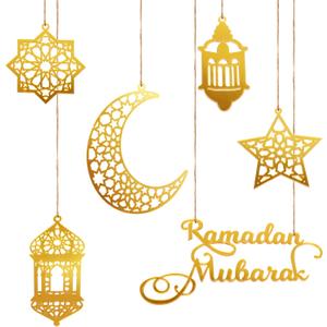 6pcs Ramadan Ornaments, Acrylic Ramadan Kareem Decoration Eid Mubarak Pendant Wind Light Moon Star Shaped Ramadan Decor for Hanging on Walls Windows Trees (Golden)
