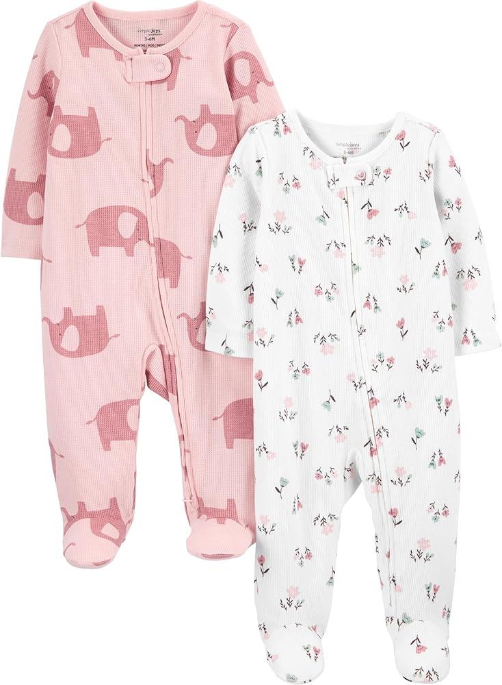 Simple Joys by Carter's Baby Girls' 2-Pack 2-Way Zip Textured Sleep and Play, Plum/Floral, 6-9 Months