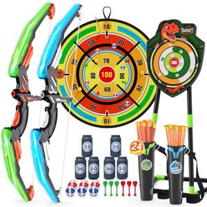 HYES 2 Pack Kids Bow and Arrow with 29" Large Dart Board, LED Light Up Archery Set with 24 Suction Cup Arrows, Indoor Outdoor Sport Toys Gifts for 3 4 5 6 7 8 9 10 11 12 Year Old Boys Girls, 2 pack-dartboard target