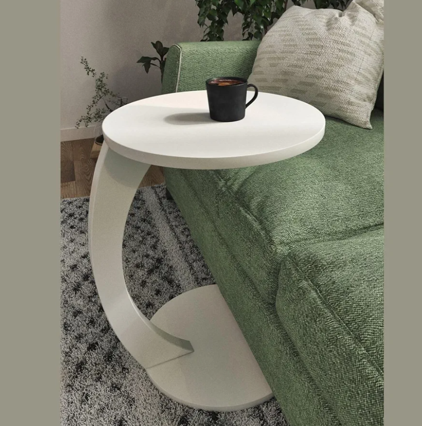 C Shaped End Table for Couch Small Places, Space Saver Round Side Table for Sofa and Bedside with Wheel, Coffee and Eating Snack Time Tray for Living Room, Office (White)