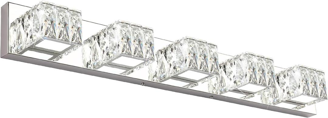 5 Lights Bathroom Vanity Light - Crystal Modern Bathroom Light Fixtures - 30W Dimmable Vanity LED Lights for Restroom - Chrome Bath Light bar Cool White Light, 34.6"-5 Lights