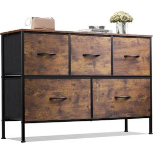 WLIVE Dresser for Bedroom with 5 Drawers, Long Fabric Dresser, Storage Drawer Unit with Fabric Bins for Closet, Hallway, Rustic Brown Wood Grain Print, Size L
