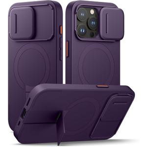 SURITCH for iPhone 15 Pro Case with Magnetic Camera Slide Cover and Adjustable Kickstand, Compatible with MagSafe, Shockproof Bumper Case Slim Protective Cover 6.1 Inch, Dark Purple