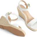 mysoft Women's Platform Espadrille Wedge Sandals Square Open Toe Ankle Strap Buckle Casual Summer Dressy Sandals (White)