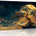 Gold Tree of Life Canvas Wall Art Sun Moon and Stars Celestial Picture Wall Decor Large Tree Poster Dark Green Gold Mystical Starry Sky Painting Print Artwork for Living Room Bedroom Office Home Decor