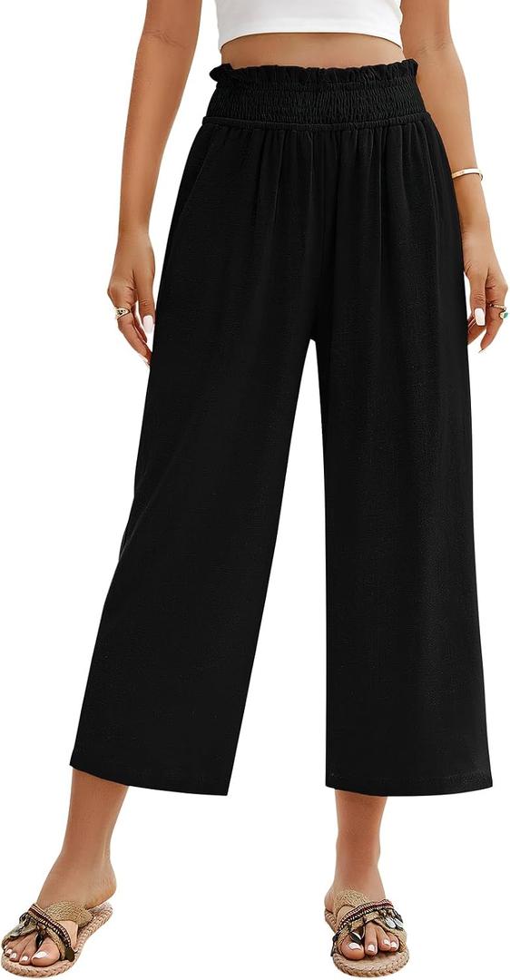 HEEKPEK Linen Capri Pants for Women Wide Leg Casual Elastic High Waist Trousers Flowy Beach Cropped Pants with Pockets (Black, L)