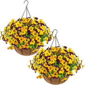 lovemoon 2 Set Artificial Outdoor Pansies Flowers with Hanging Baskets, 2 Hanging Planters with 24 Pcs Silk Pansy Flowers for Spring Easter Decorations Porch Patio Home Decor (2, Purple, Yellow)