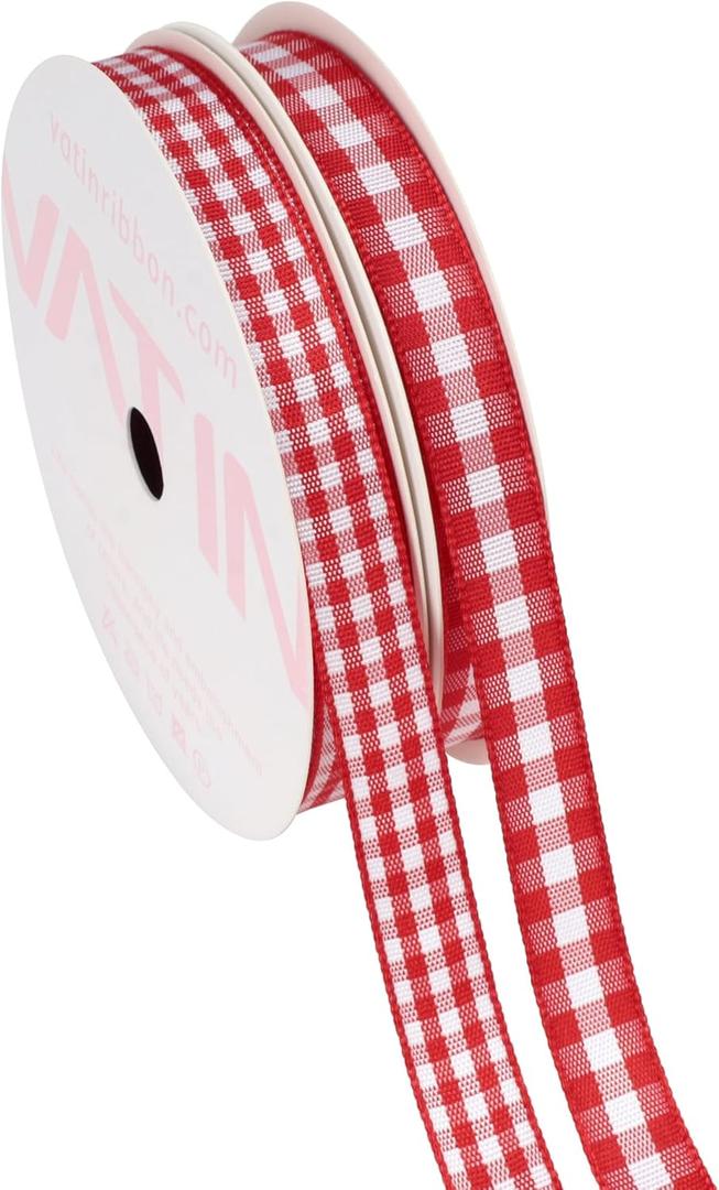 VATIN 2 Rolls Red and White Gingham Ribbon Set, Total Length 20 Yards, Each Roll Measuring 3/8 Inch Wide by 10 Yards Long, Featuring Polyester Woven Edges, Comes in 2 Distinct Buffalo Check Designs