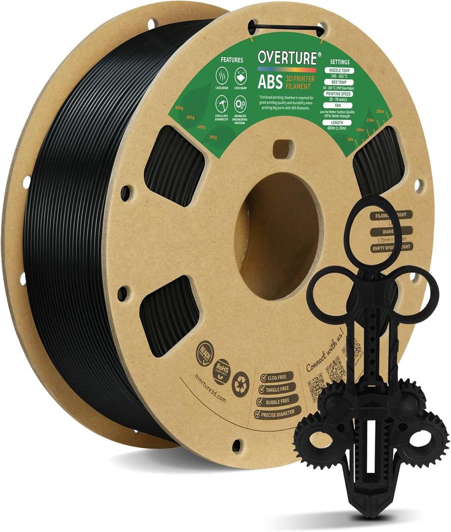 OVERTURE ABS Filament 1.75mm, High Strength & Heat-Resistant 3D Printer Filament, Low Warping, Excellent Durability, ABS 1kg (2.2lbs) Cardboard Spool, High Precision +/- 0.02mm (Black 1-Pack)