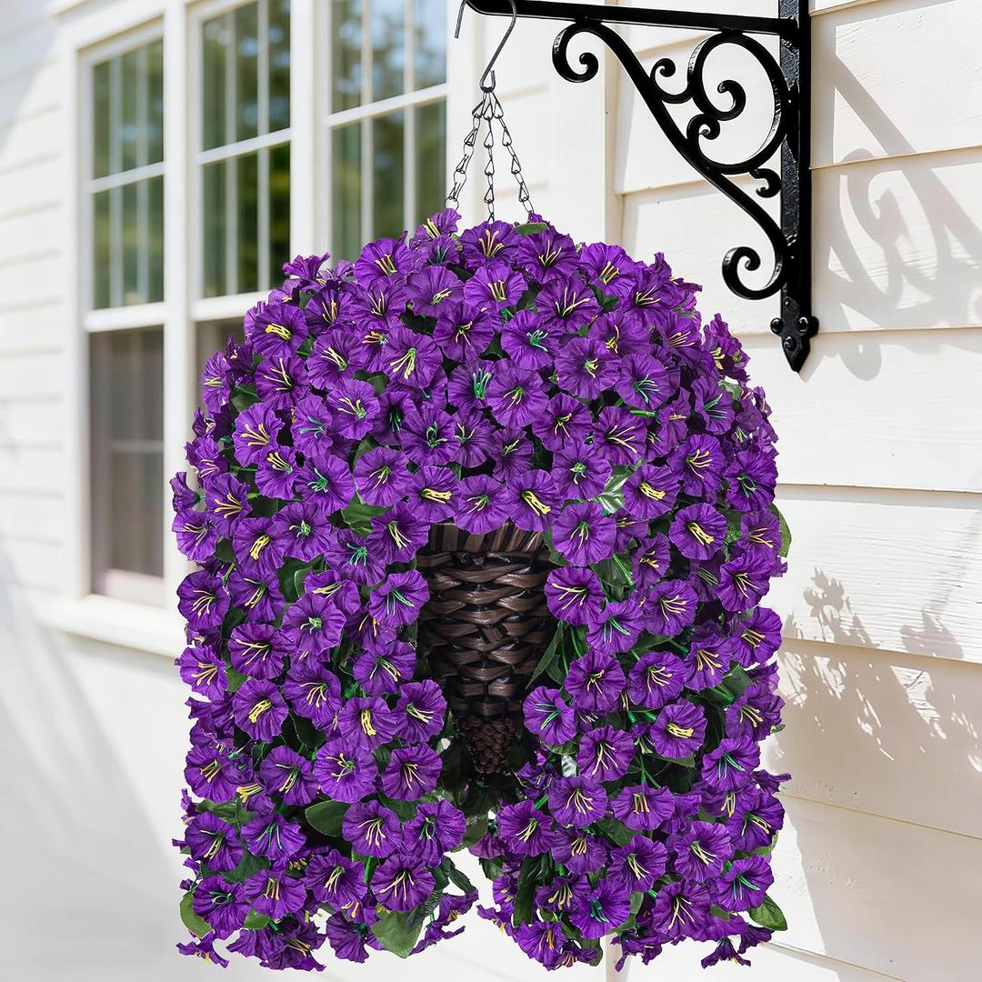 HyeFlora Artificial Faux Hanging Flowers Plants Basket for Outdoor Outside Porch Decoration, UV Resistant Fake Silk Purple Morning Glory Trailing Vines Realistic for Summer Home Balcony Yard Patio