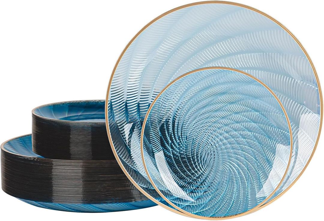 80pcs Clear Blue Disposable Shell Plastic Plates With Gold Rim, 10 inch 40 Dinner Plates and 7 inch 40 Dessert Plates for Party, Wedding, Birthday