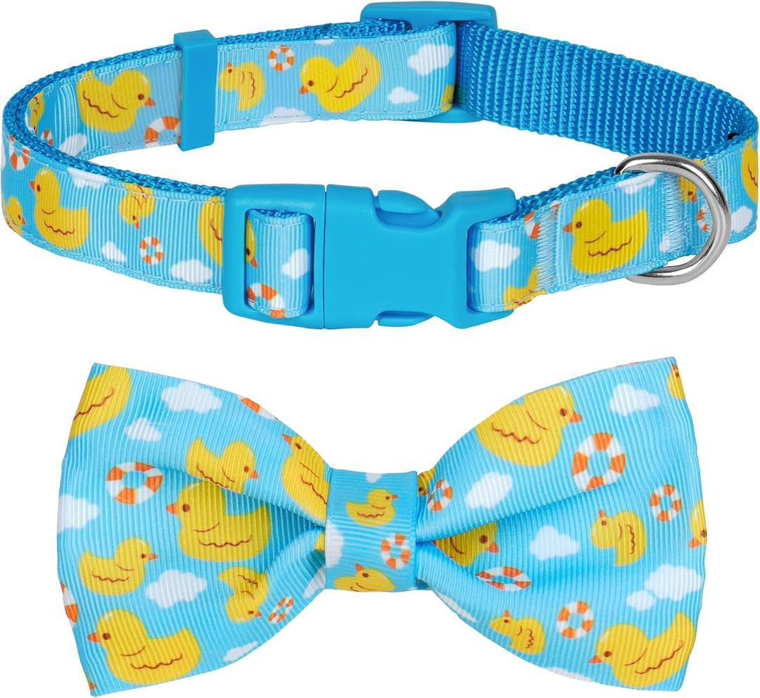 azuza Dog Collar with Bow Tie, Soft and Comfortable Adjustable Bowtie Dog Collar for Puppy and Small Dogs (XS, Yellow Duck) (XS - Neck: 8-12 inch)