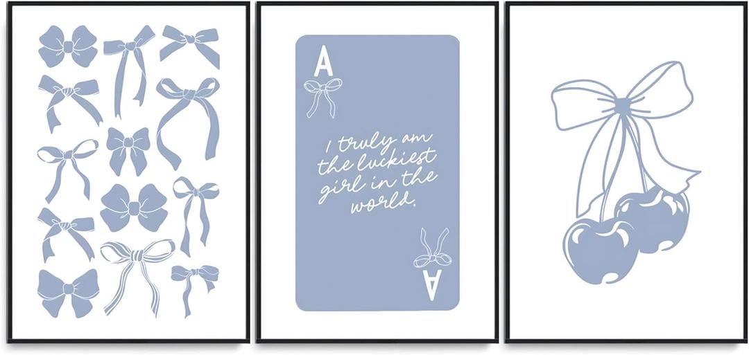 Preppy Blue Bows Canvas Wall Art Trendy College Apartment Prints Lucky Girl Syndrome Posters Ace Poker Pictures Aesthetic Girly Cherry Wall Decor Painting For Bedroom Dorm Living Room 16x24in Unframed (24L" x 16W")