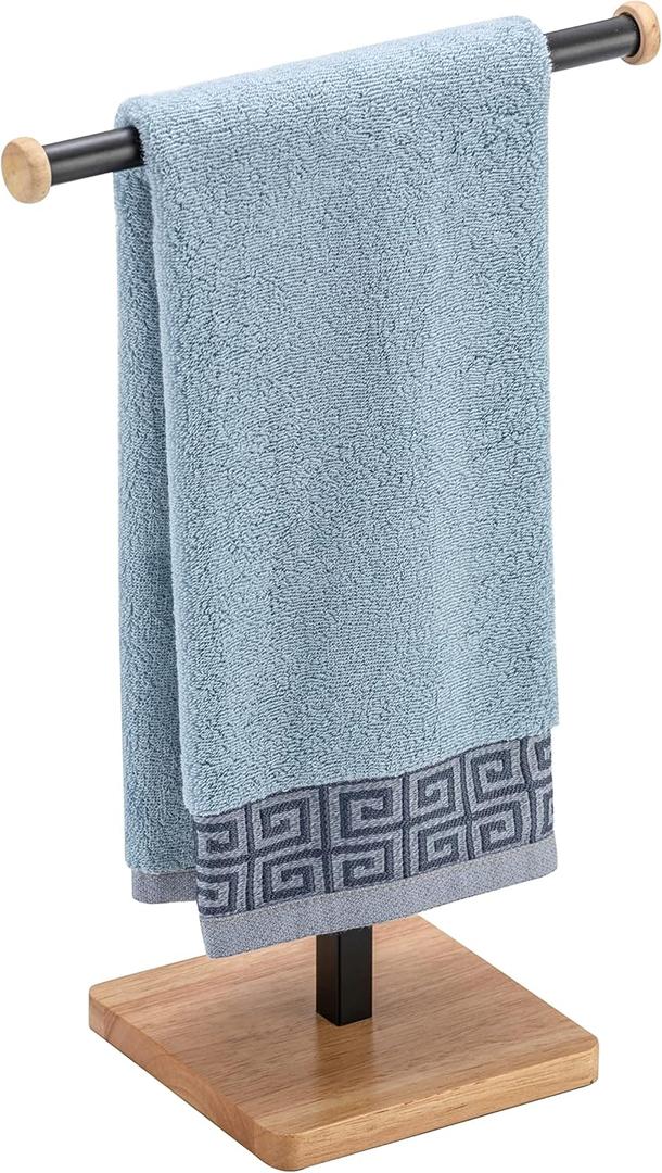 ZCDCP Hand Towel Holder Stand, T-Shape Stainless Steel Towel Rack for Bathroom Countertop with Wood Base, Black Freestanding Hand Towel Holder