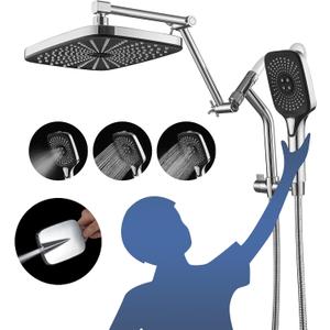 Psylc 12" High Pressure Rain/Rainfall Shower Heads With Handheld Spray Combo (3+1 Settings & Built-in Power Wash Mode), Double/Dual Shower Head With Handheld - Height/Angle Adjustable(Polished Chrome)