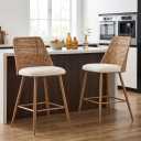 Rattan Counter Stools Set of 2, Wood Counter Height Bar Stools with Linen Upholstered, Wicker Bar Stools with Cane Back Footrest for Kitchen Island Pub Dining Room Bistro, Light Brown