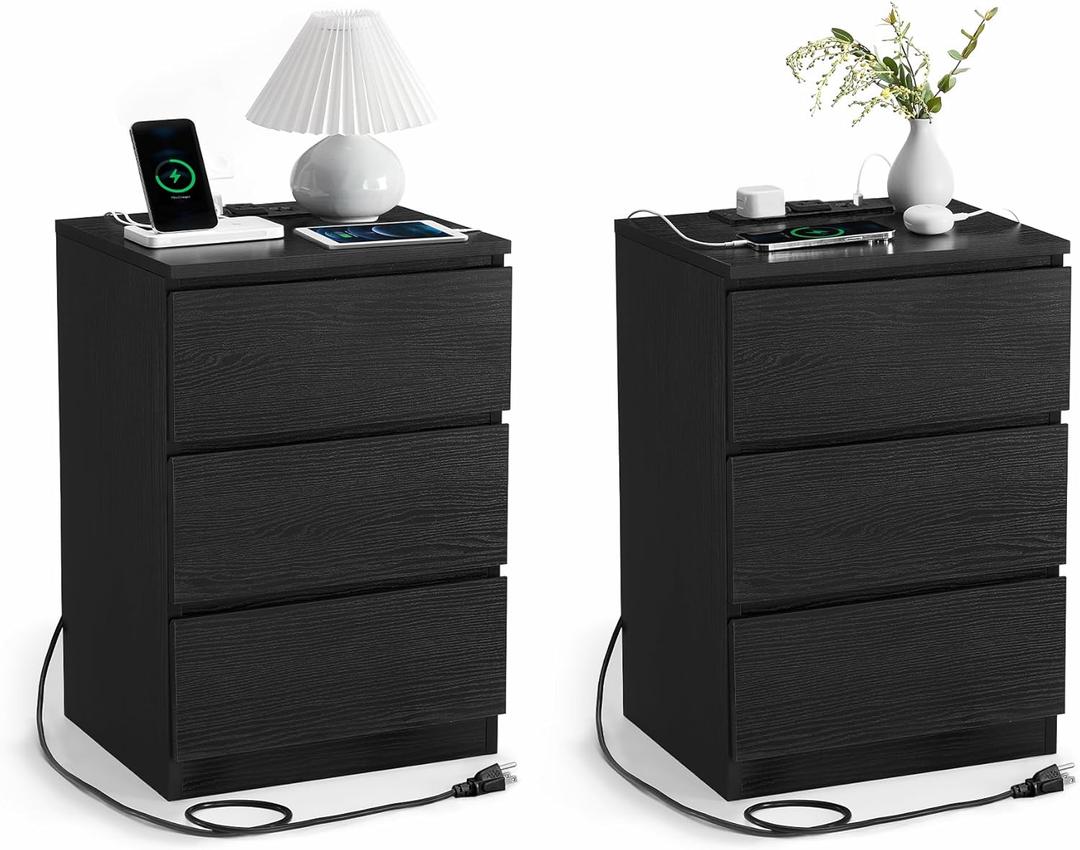 VASAGLE Nightstands with Charging Station, Set of 2, AC Outlets and USB Ports, Bedside Tables, Side Tables with 3 Drawers, Modern Style, 13.8 x 15.7 x 23.2 Inches, Ebony Black ULET731B58