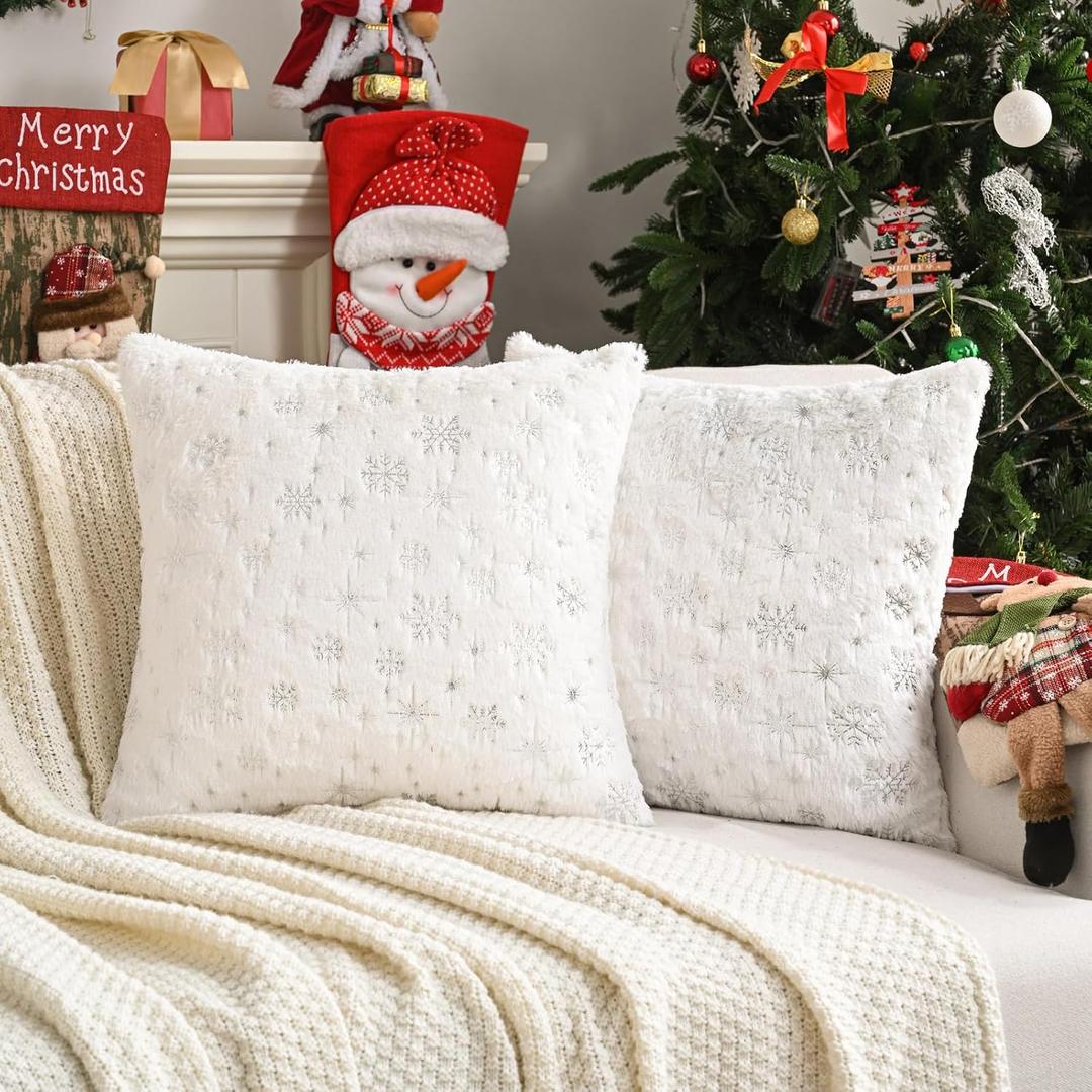 FUTEI Christmas Snowflakes White Throw Pillow Covers 18x18 inch Set of 2,Soft Decorative Cushion Cases,Home Decor for Couch Bed Living Room