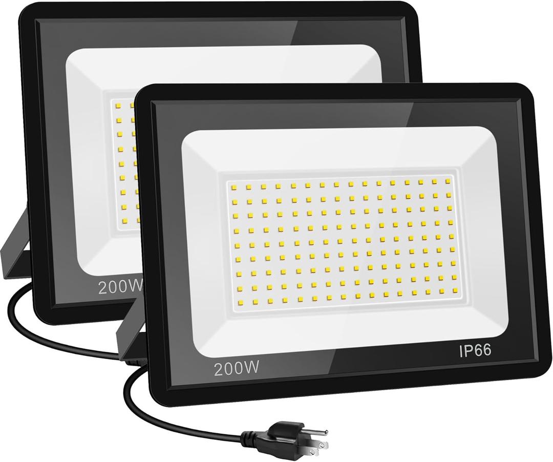 1 Pack 200W LED Flood Lights 2 Pack, 3000K Warm White Security Lights, Outdoor IP66 Waterproof, Backyard Garden Garage