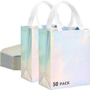 RACETOP 50 Pcs Iridescent Glossy Gift Bags Medium Size, 8x4x10 Inch Holographic Reusable Gift Bags with Handles & Sturdy Base, Ideal for Birthday, Wedding, Bachelorette, Party Favors, Holiday Goodie, 1 count
