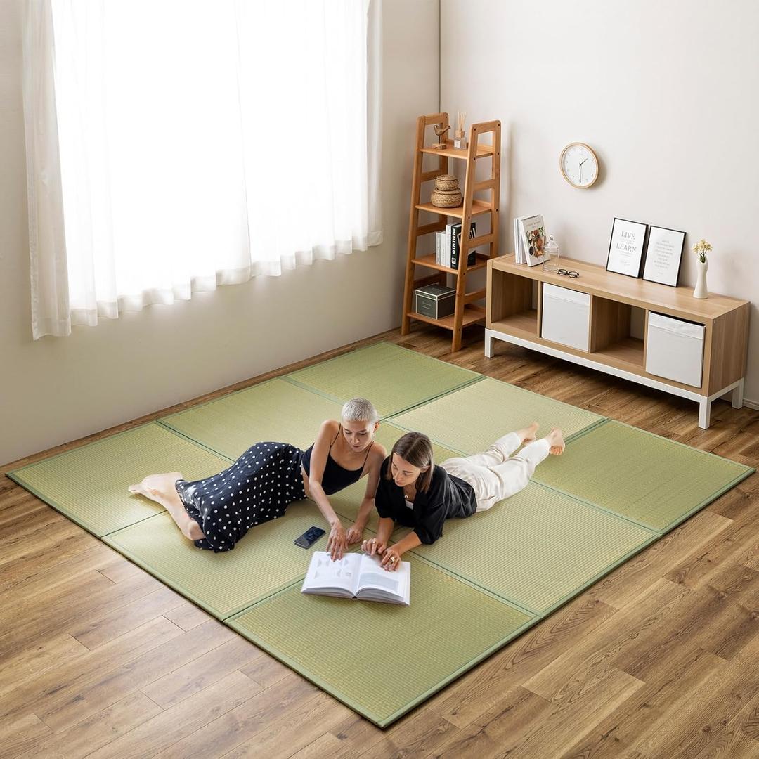 HAGiHARA Japanese Tatami Mat, Patchwork Tatami Floor Mats, 96" x 96" Foldable Square with Non-Slip Design for Bedroom, Crawling and Yoga, Made of Rush Grass, Igusa(with Edge/9 Picecs)