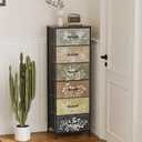 Tohomeor Vintage Dresser Vertical Nightstand with Neutral Botanical Plant Fabric Chest Drawers for Closet Bathroom Storage Tower Unit Bed Side Organizer Farmhouse Rustic (Multi, 6 Drawers) (11.8"D x 15.8"W x 45.9"H (6 Drawers))