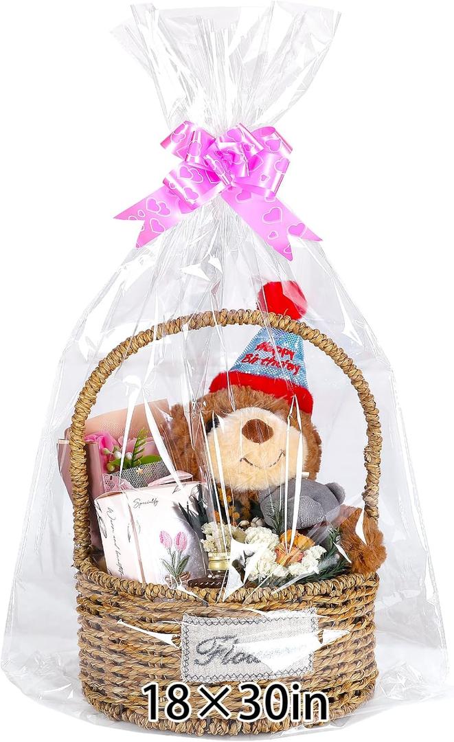 12 Pcs Clear Cellophane Bags 18x30 Inch Cellophane Wrap for Gift Baskets Cello Gift Bags for Easter Basket Stuffers Candy Wedding Party Baby Bridal Shower Wine Bottles Presents