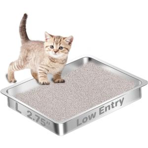 Low Entry Stainless Steel Cat Litter Box for Senior Cats, Metal Shallow Litter Box, Easy Access Kitty Litter Pan Tray, Pet Bathroom Accessories-17.72''Lx 13.78'' W x2.76'' H