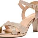 DREAM PAIRS Women's Chunky Heels Open Toe Ankle Strap Sparkly Heels Pump Sandals (7.5, Champagne/Glitter)
