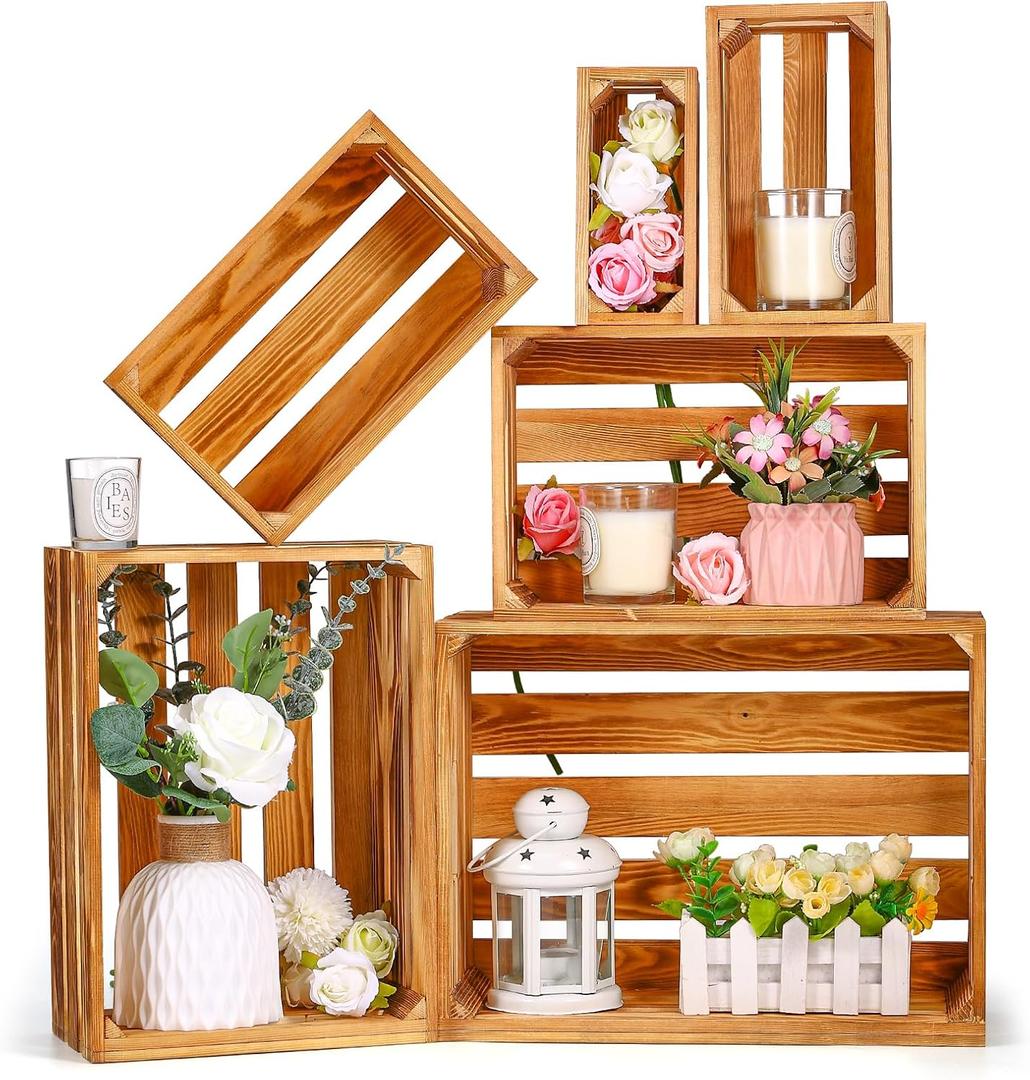 BOBOKA Set of 6 Decorative Wood Crates Nesting Storage Container, 6 Size Farmhouse Decorative Wooden Storage Boxes, Rustic Wooden Crates for Storage, Display, Christmas Decorations