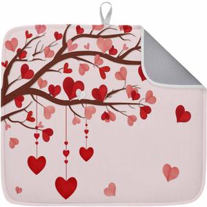 Valentine's Pink Day Dish Drying Mat Love Tree Drying Matt Kitchen Counter Absorbent Microfiber Quick Dry Mats Red Pink Heart Valentines Day Dishes Drainer Home Decor 18x24 Inch