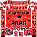 Graduation Decorations 2025, Graduation Decorations Set Class of 2025 Backdrop, Flag Banner, Porch Banner, Congrats GRAD Hanging Swirl, Balloons for Grad Party Decor (Red & Black)