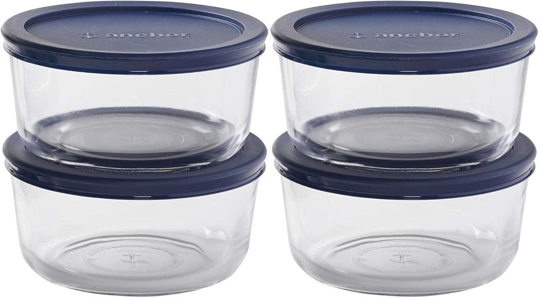 Anchor Hocking SnugFitTM Round Food Storage Containers with Lids (4-Piece, 4-cup, Navy Blue, oven-safe)
