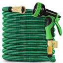 Expandable Garden Hose 50 ft Water Hose with 10 Function Spray Nozzle, Lightweight Flexible Hose with 3/4 Inch Solid Fittings and Solid Brass Fittings, 50ft Retractable Stretch Hose, Black & Green