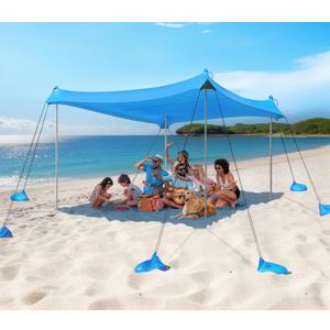 Rhino Valley Beach Tent Sun Shelter, 10x10FT Beach Canopy Tent Sun Shade UPF50+ Protection with 8 Sandbags 4 Stability Poles, Outdoor Beach Shade Canopy 6-8 People for Beach Camping Fishing (A-Sky Blue)