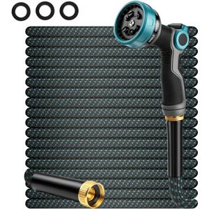 50FT Non-Expandable Garden Hose, Lightweight Kink-Free Water Hose with 10-Pattern Spray Nozzle, 3/4" Brass Connectors, Leak-Proof Abrasion Resistant Flexible Hose for Lawn, Yard, Car Washing